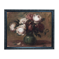 The image is a painting of a vase filled with white and pink roses, set against a dark background.