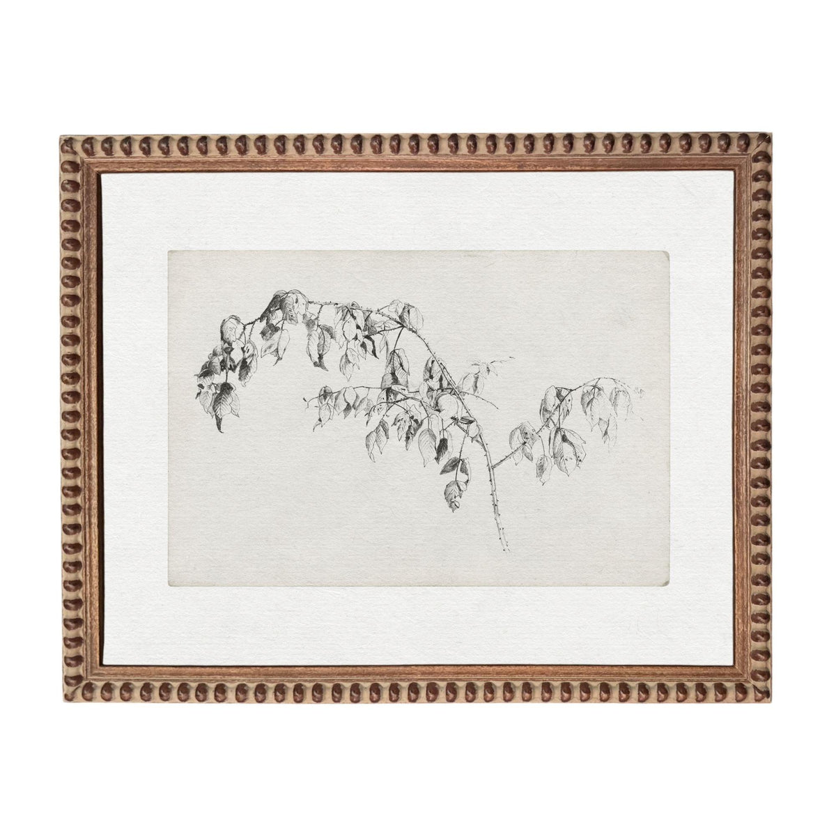 The image is a framed artwork depicting a branch with leaves, which is a simple and elegant representation of nature.