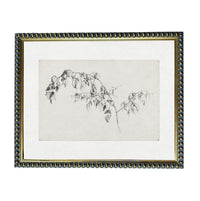 The image is a framed artwork depicting a branch with leaves, which is a simple line drawing.