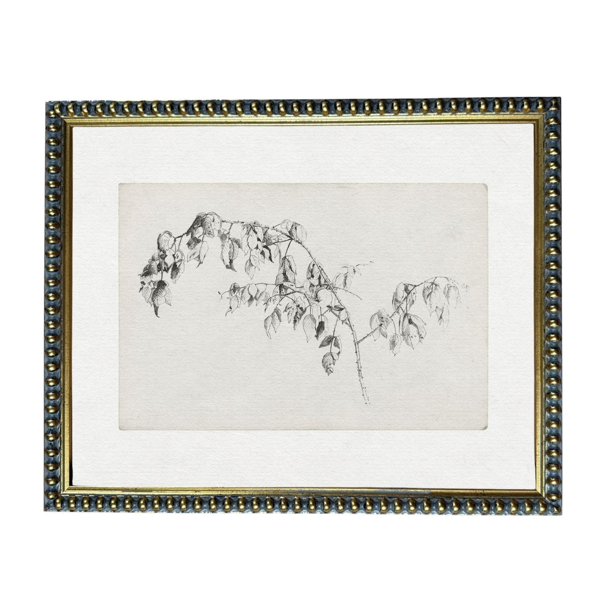 The image is a framed artwork depicting a branch with leaves, which is a simple line drawing.