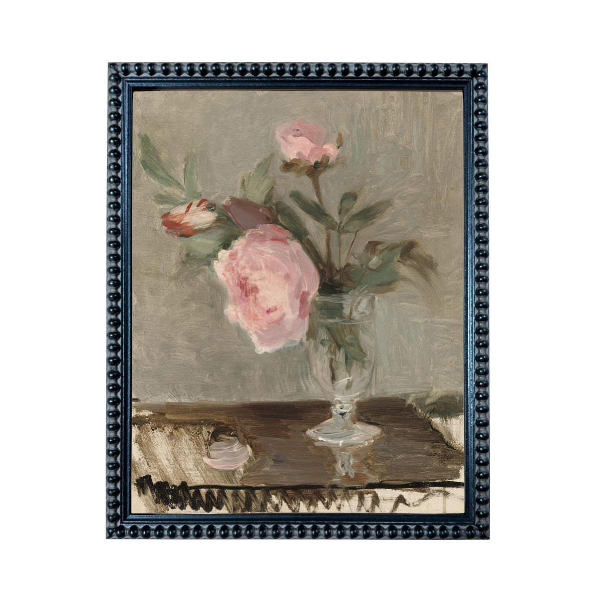 The image is a painting of a vase with pink flowers, displayed in a black frame.