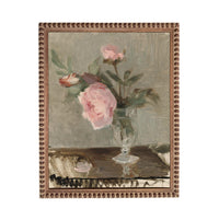 The image is an oil painting depicting a vase with pink flowers on a table.