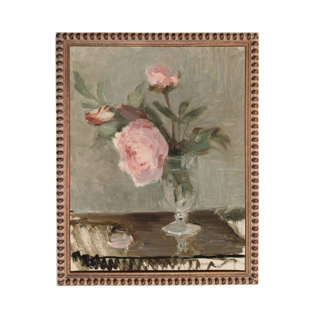 The image is an oil painting depicting a vase with pink flowers on a table.