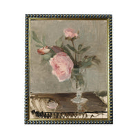 The image is a painting of a vase with pink flowers, displayed in a frame.