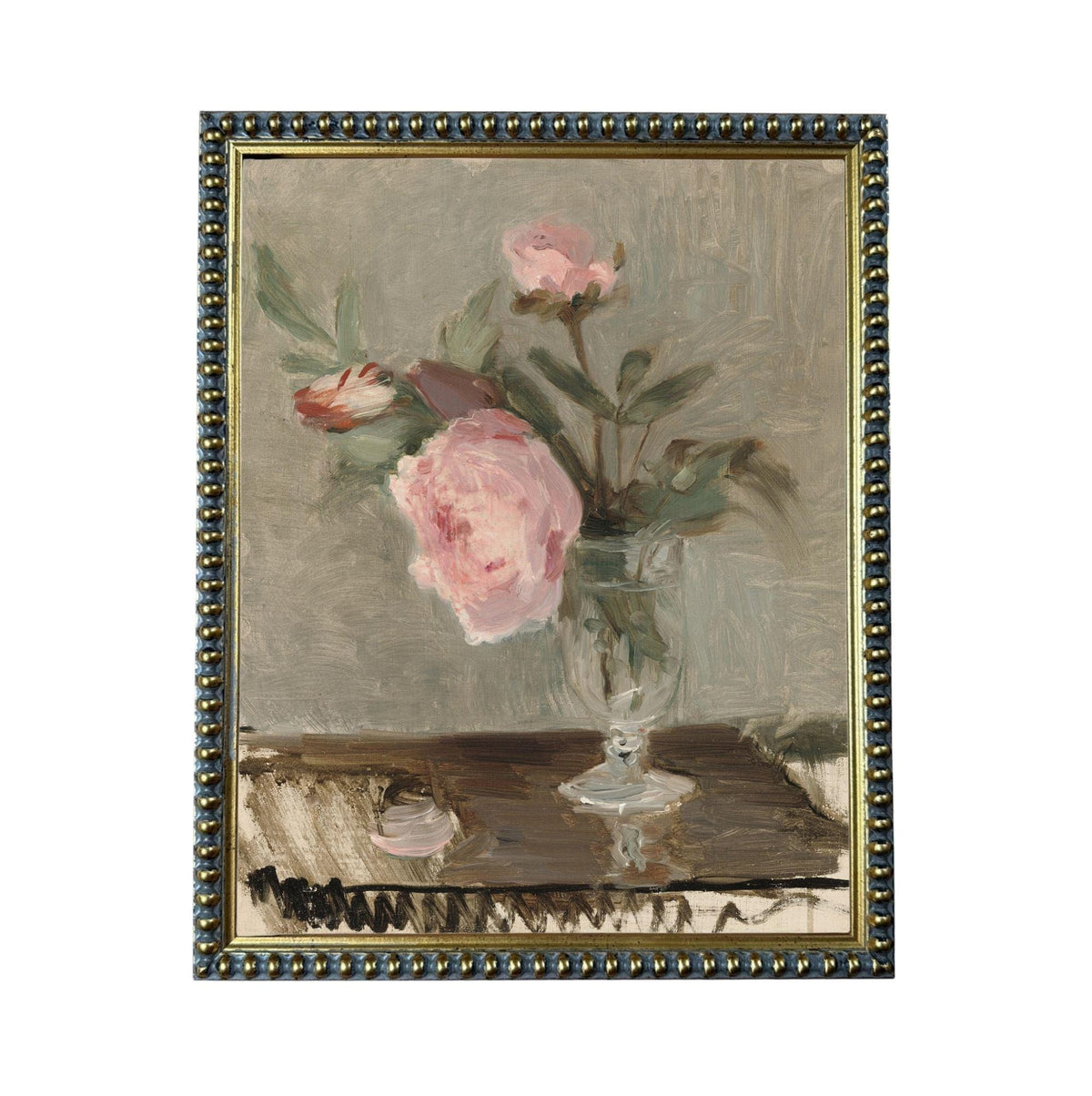The image is a painting of a vase with pink flowers, displayed in a frame.