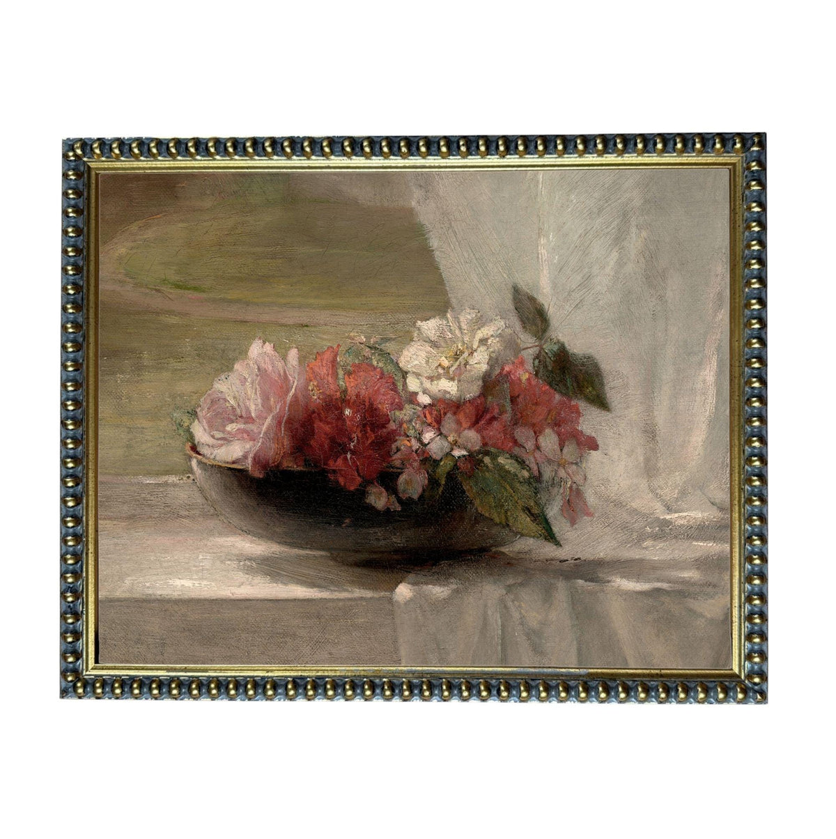A framed painting depicting a vase filled with a variety of colorful flowers, including red, pink, and white blooms, placed on a surface.