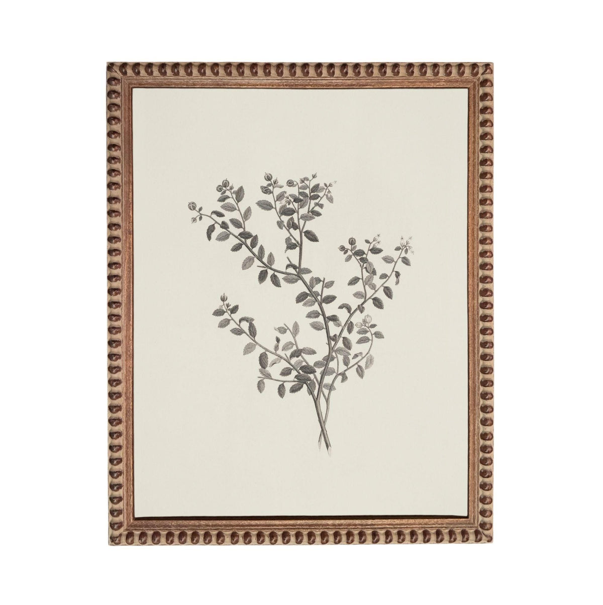 a framed artwork depicting a branch with leaves and flowers.