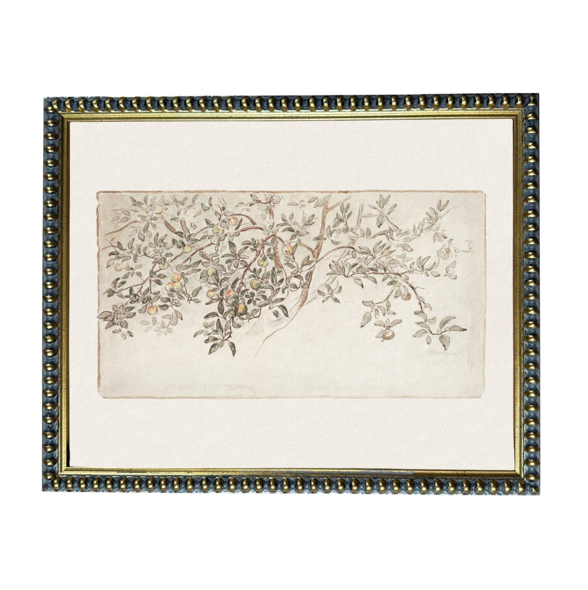 The image is a framed artwork depicting a branch with leaves and flowers.