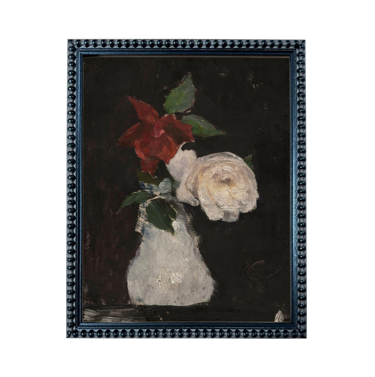 The image is a framed painting depicting a vase with two flowers - a red flower and a white flower.