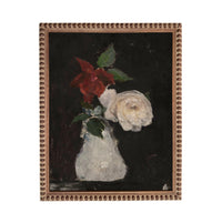The image is a painting of a vase containing two flowers, one red and one white, against a dark background.
