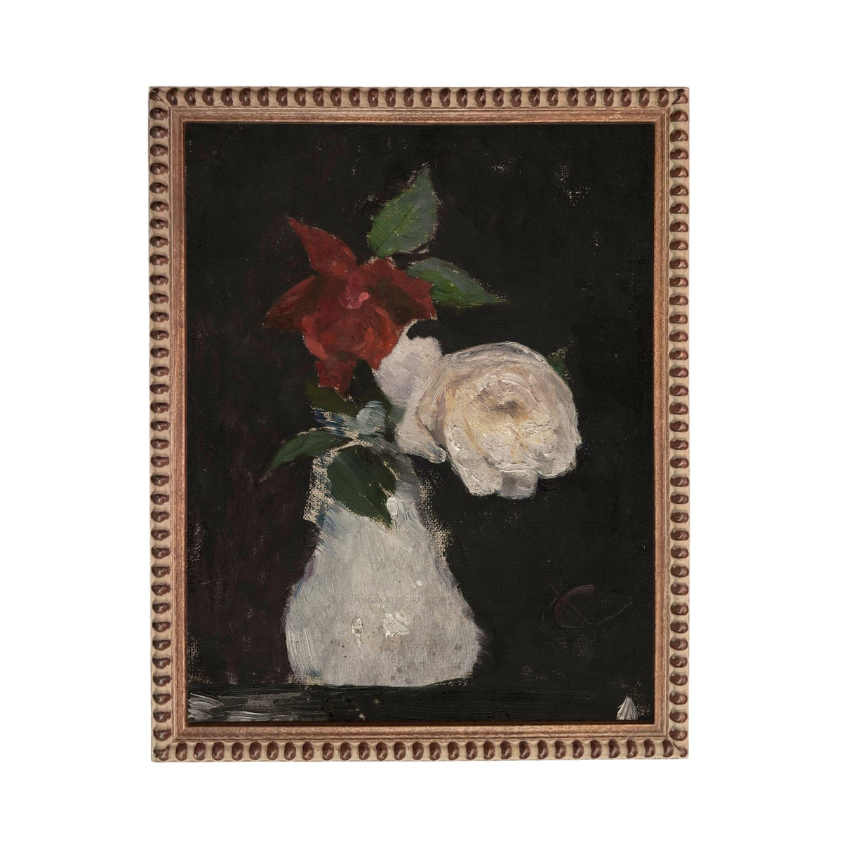 The image is a painting of a vase containing two flowers, one red and one white, against a dark background.