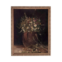 The image is a painting of a vase filled with a variety of flowers, including daisies and other blooms, set against a dark background.