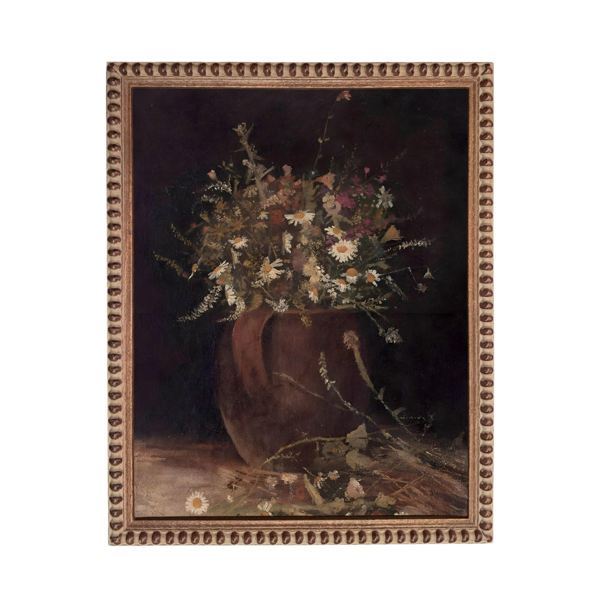The image is a painting of a vase filled with a variety of flowers, including daisies and other blooms, set against a dark background.