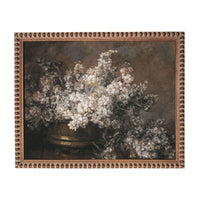 A painting of a vase filled with white flowers, set against a dark background.