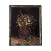 The image is a painting of a vase filled with flowers, displayed in a frame with a decorative border.