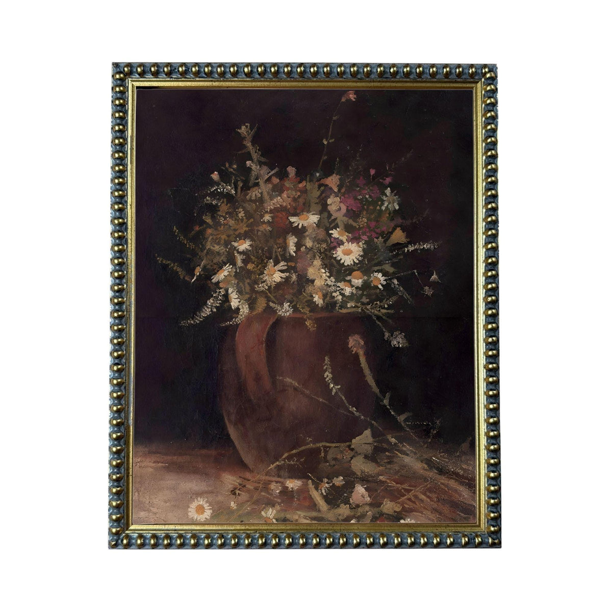 The image is a painting of a vase filled with flowers, displayed in a frame with a decorative border.