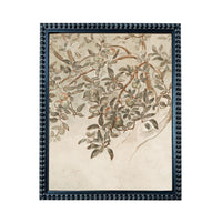 The image is a framed painting depicting a branch with leaves and possibly fruit, set against a light beige background.