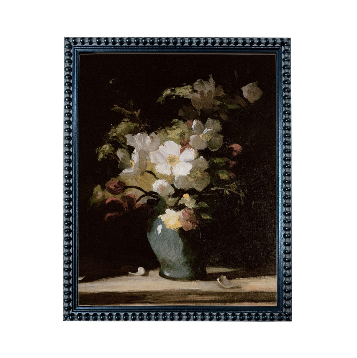 A framed painting depicting a vase filled with white and yellow flowers, set against a dark background.