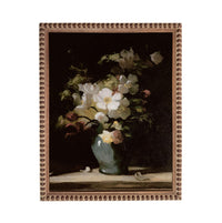 A painting of a vase filled with white flowers against a dark background, framed in a decorative border.