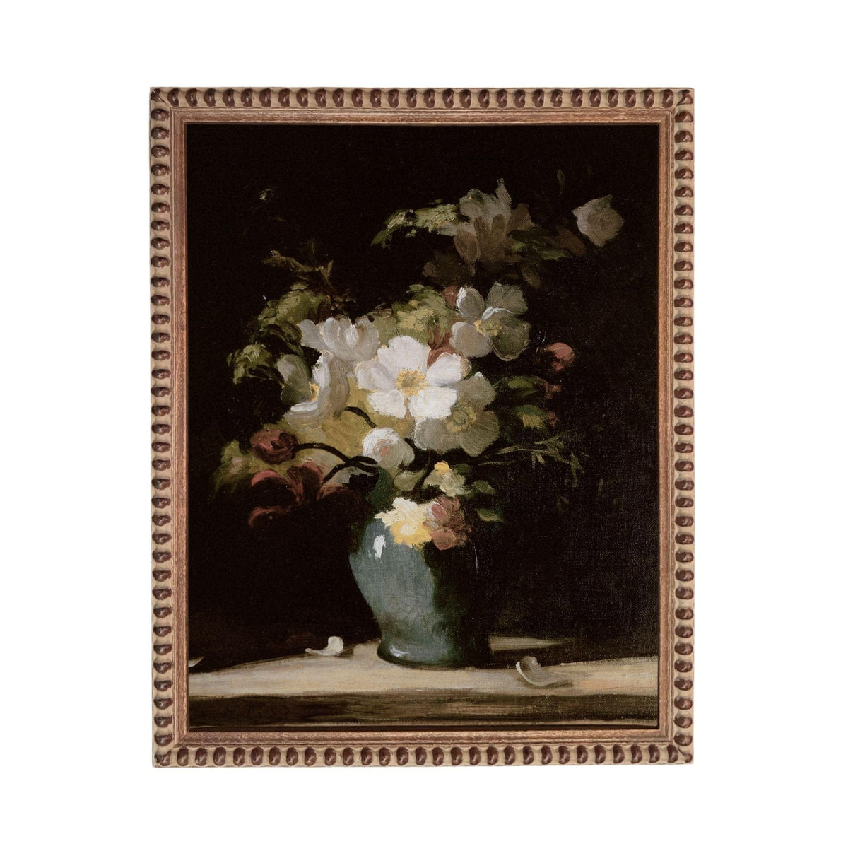 A painting of a vase filled with white flowers against a dark background, framed in a decorative border.