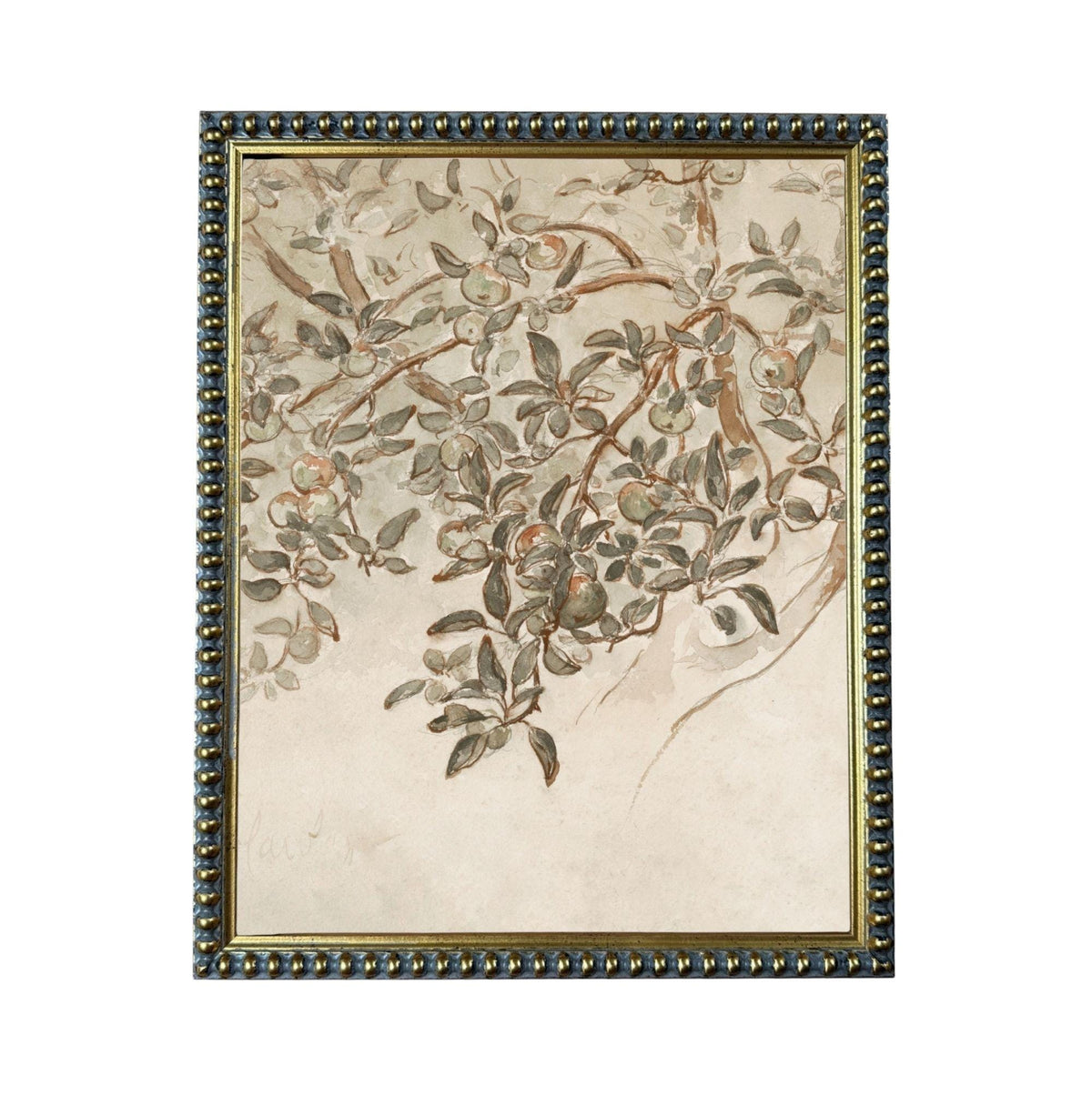 a painting of a tree branch with leaves and fruit, displayed in a frame with a decorative border.