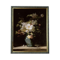 A framed painting depicting a vase filled with white flowers against a dark background.