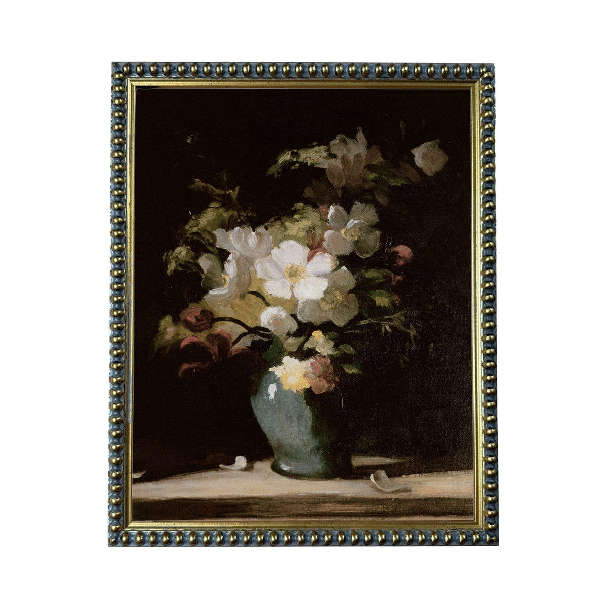 A framed painting depicting a vase filled with white flowers against a dark background.