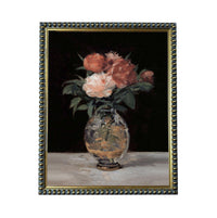 A painting of a vase filled with pink and white flowers, placed on a white surface against a dark background.