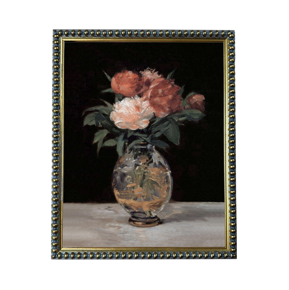 A painting of a vase filled with pink and white flowers, placed on a white surface against a dark background.