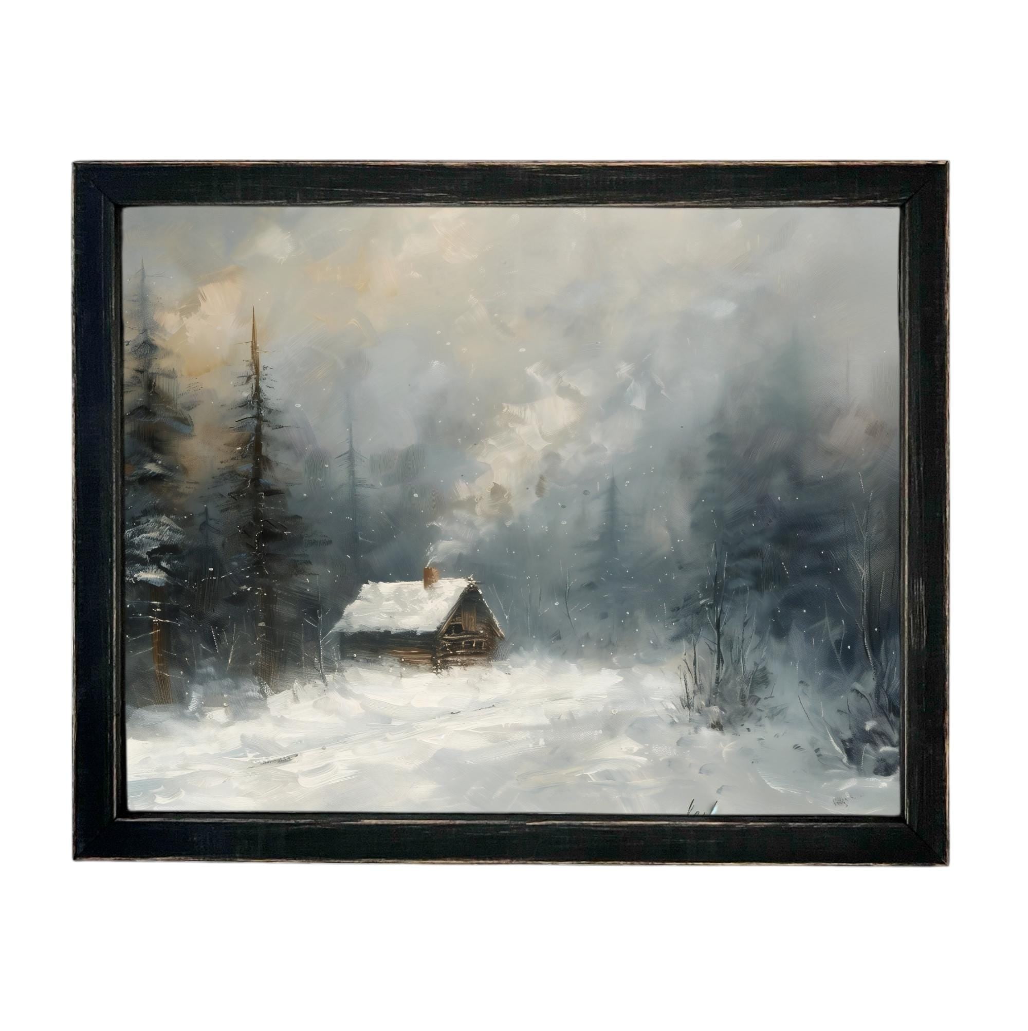 Vintage Framed Canvas Art // Framed Vintage Christmas Print // Vintage Cottage Painting // Winter Landscape // Lakehouse Cabin // CH-332