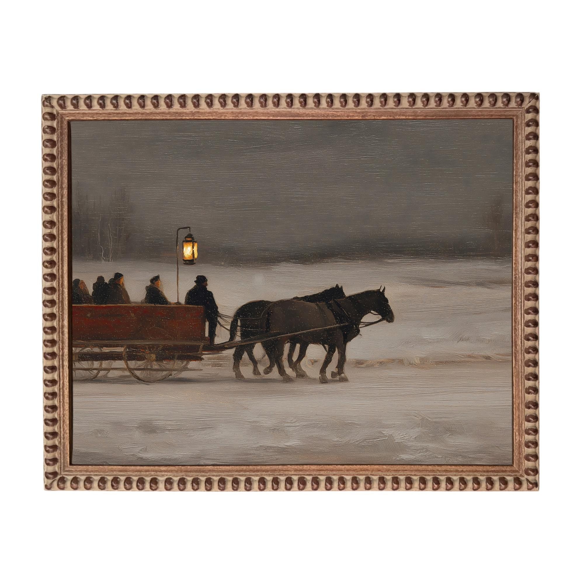 Vintage Sleigh Ride Canvas Print: Framed Winter Christmas Farmhouse Art CH-333