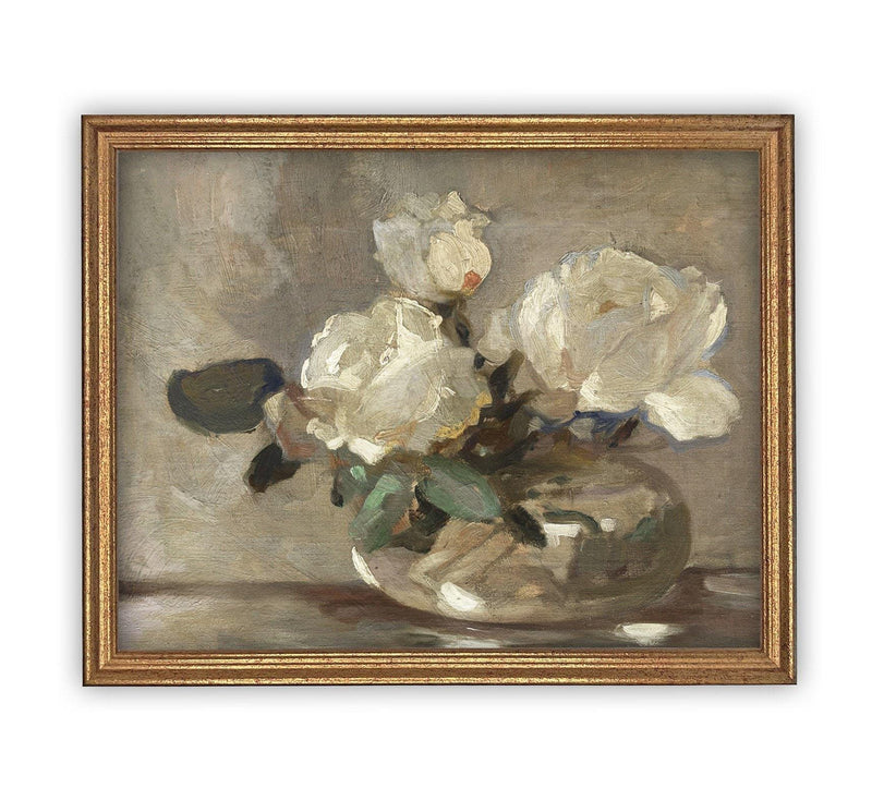 READY TO SHIP 16X20 Vintage Framed Floral Canvas Art: White Roses Still Life Print