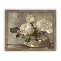 READY TO SHIP 16X20 Vintage Framed Floral Canvas Art: White Roses Still Life Print
