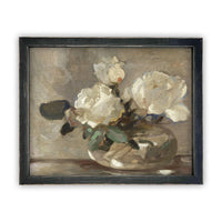 READY TO SHIP 16X20 Vintage Framed Floral Canvas Art: White Roses Still Life Print