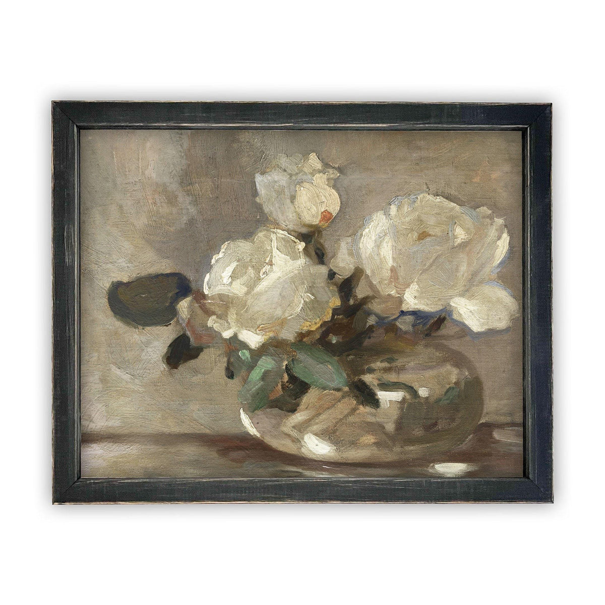 READY TO SHIP 16X20 Vintage Framed Floral Canvas Art: White Roses Still Life Print