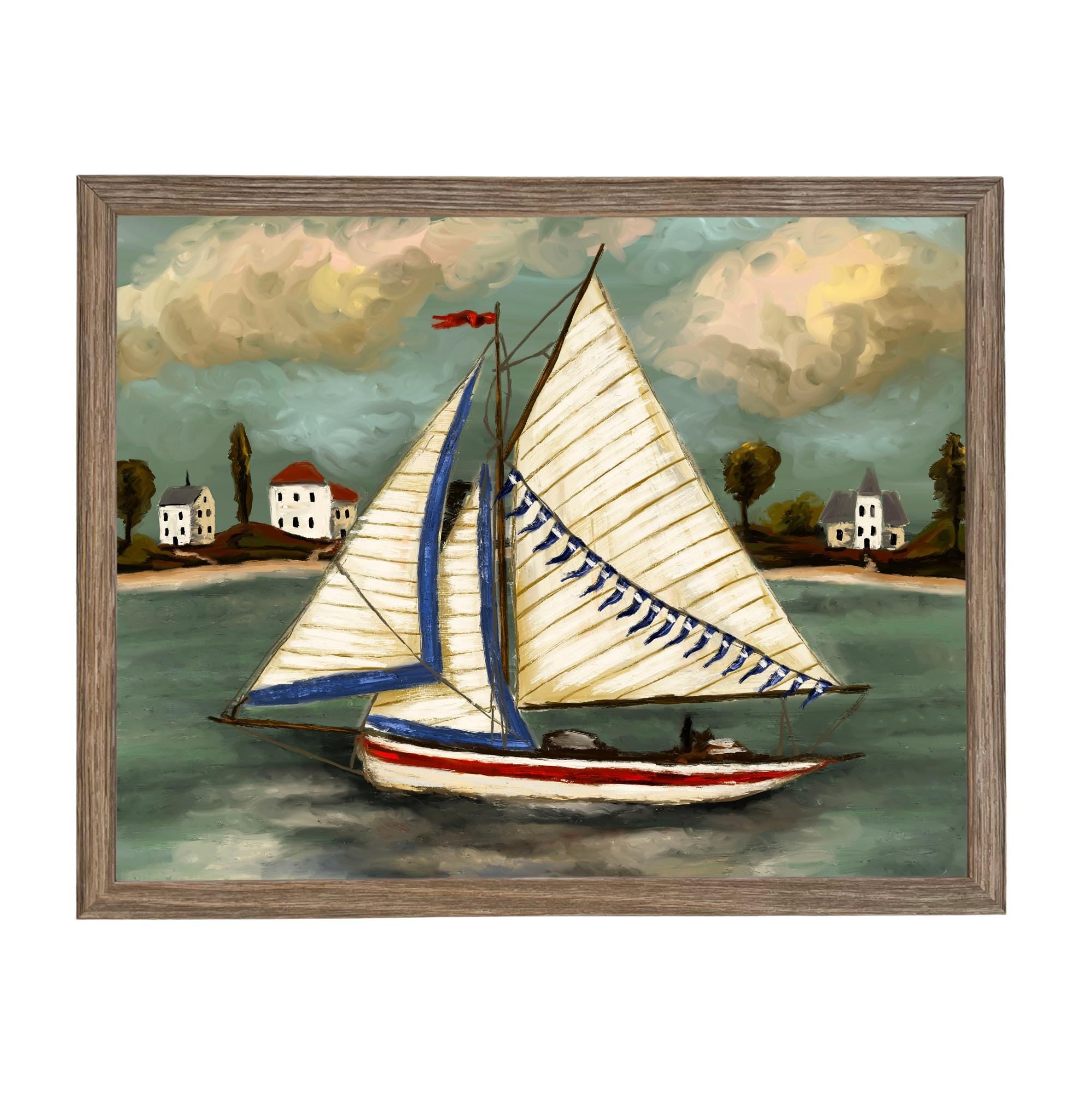 Framed Vintage Sailboat Canvas Print: Coastal Beach House Decor #COAS-208