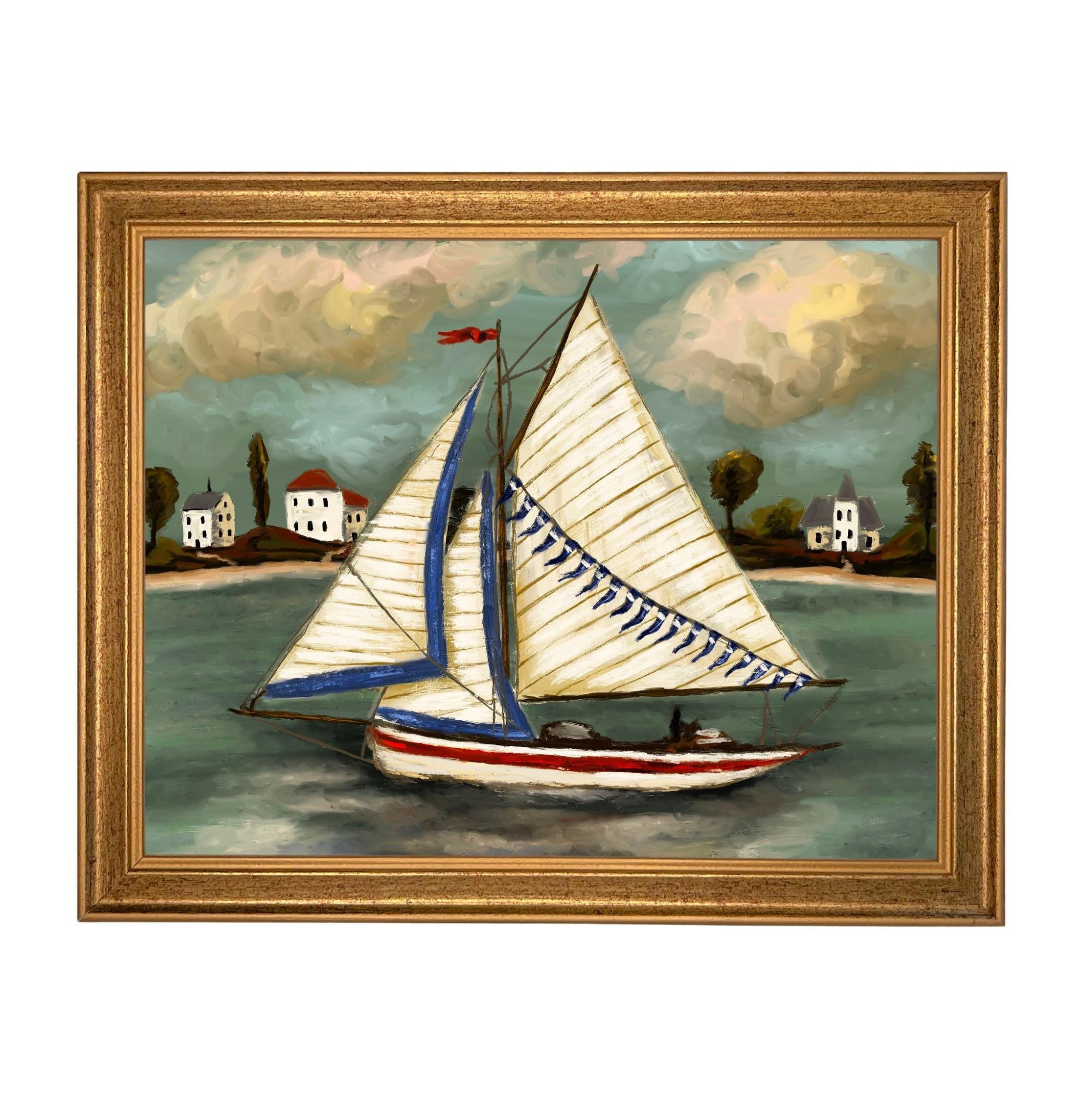 Framed Vintage Sailboat Canvas Print: Coastal Beach House Decor #COAS-208