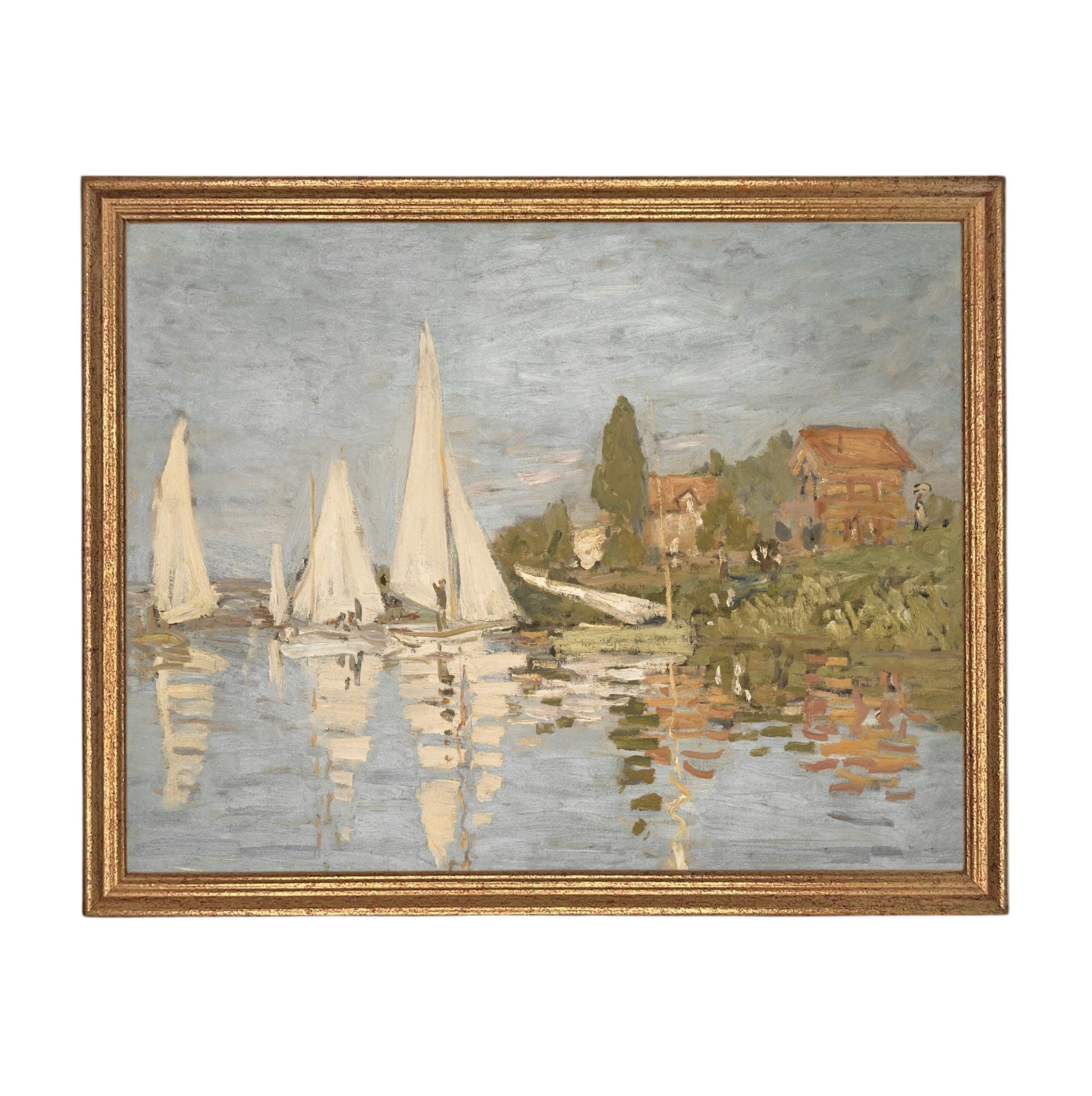 Framed Sailboat Seascape Coastal Canvas Print: Vintage Beach House Art #COAS-212