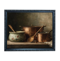 Framed Vintage Copper Pots Pottery Still Life Canvas Print: Farmhouse Kitchen Art #ST-642