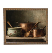 Framed Vintage Copper Pots Pottery Still Life Canvas Print: Farmhouse Kitchen Art #ST-642