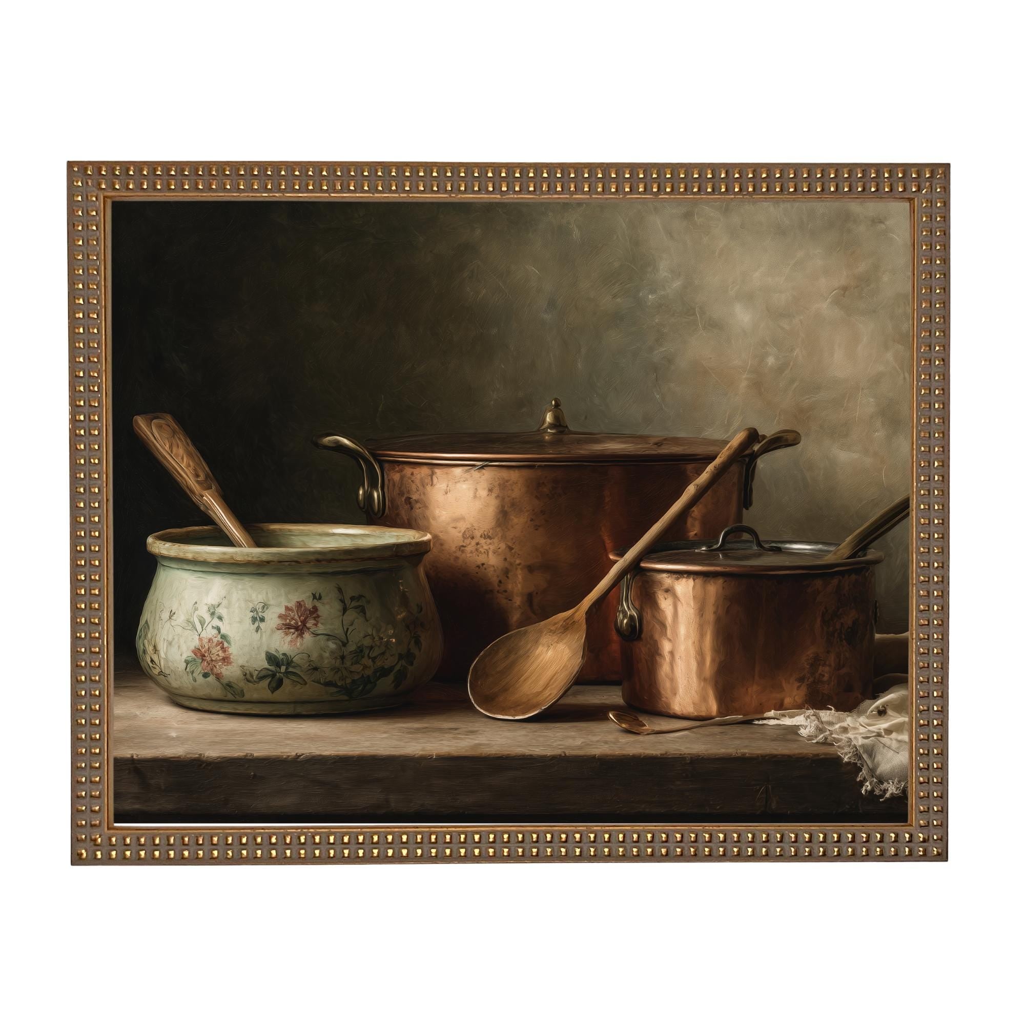 Framed Vintage Copper Pots Pottery Still Life Canvas Print: Farmhouse Kitchen Art #ST-642