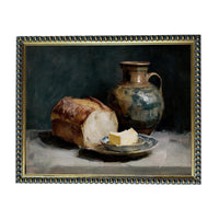 Framed Vintage Pottery and Bread Still Life Painting, Farmhouse Kitchen Canvas Print #ST-643