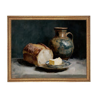 Framed Vintage Pottery and Bread Still Life Painting, Farmhouse Kitchen Canvas Print #ST-643