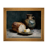 Framed Vintage Pottery and Bread Still Life Painting, Farmhouse Kitchen Canvas Print #ST-643