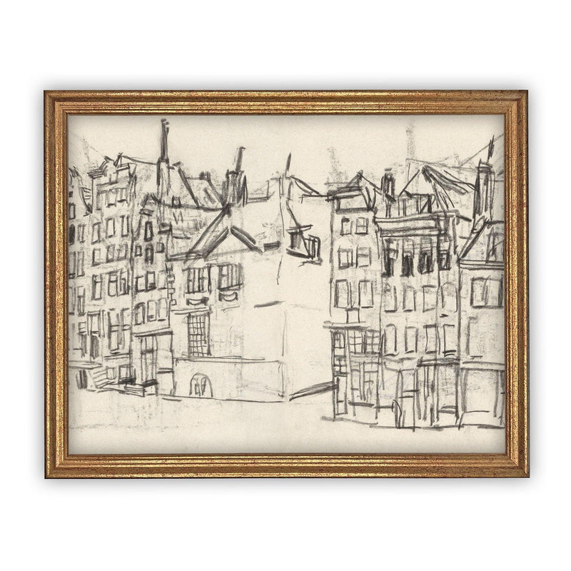 READY to SHIP 24x36 Vintage Cityscape Sketch Print on Canvas