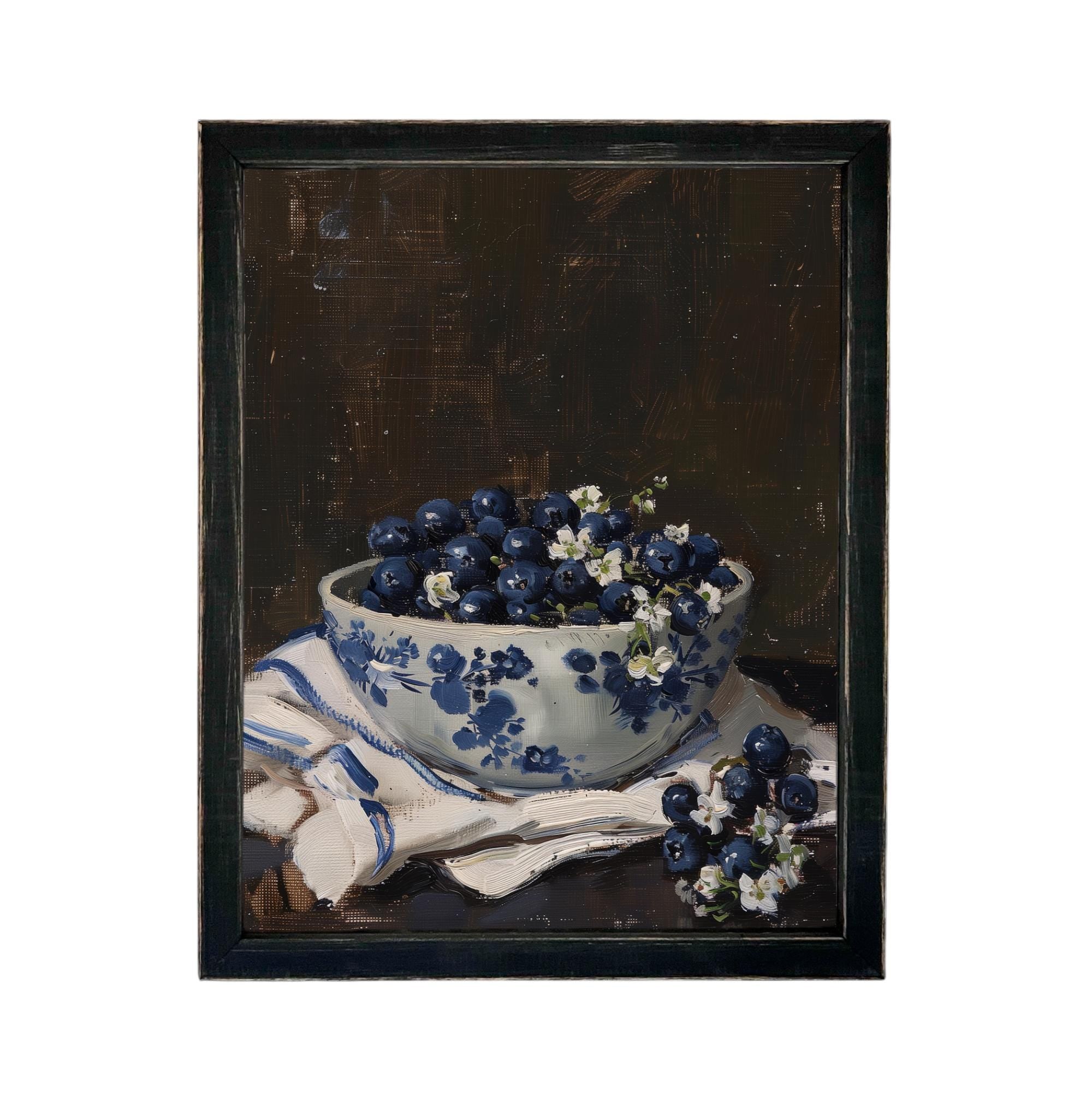 Vintage Framed Canvas Print: Bowl of Blueberries Still Life, Farmhouse Kitchen Art #ST-646