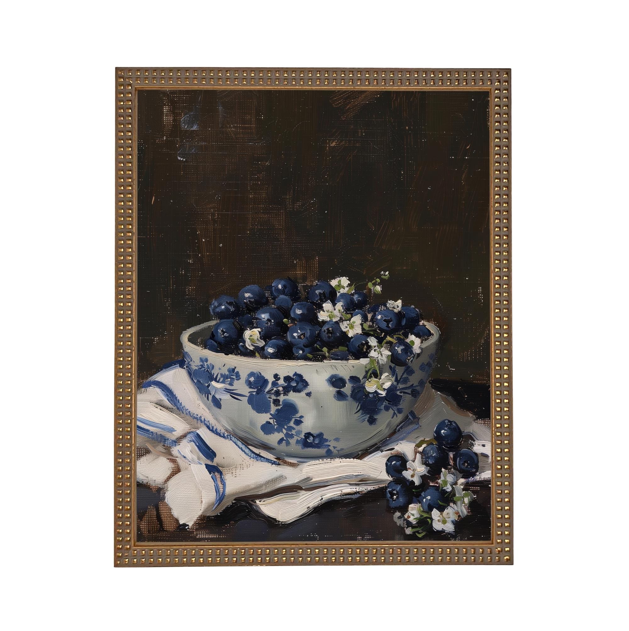 Vintage Framed Canvas Print: Bowl of Blueberries Still Life, Farmhouse Kitchen Art #ST-646