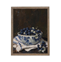 Vintage Framed Canvas Print: Bowl of Blueberries Still Life, Farmhouse Kitchen Art #ST-646