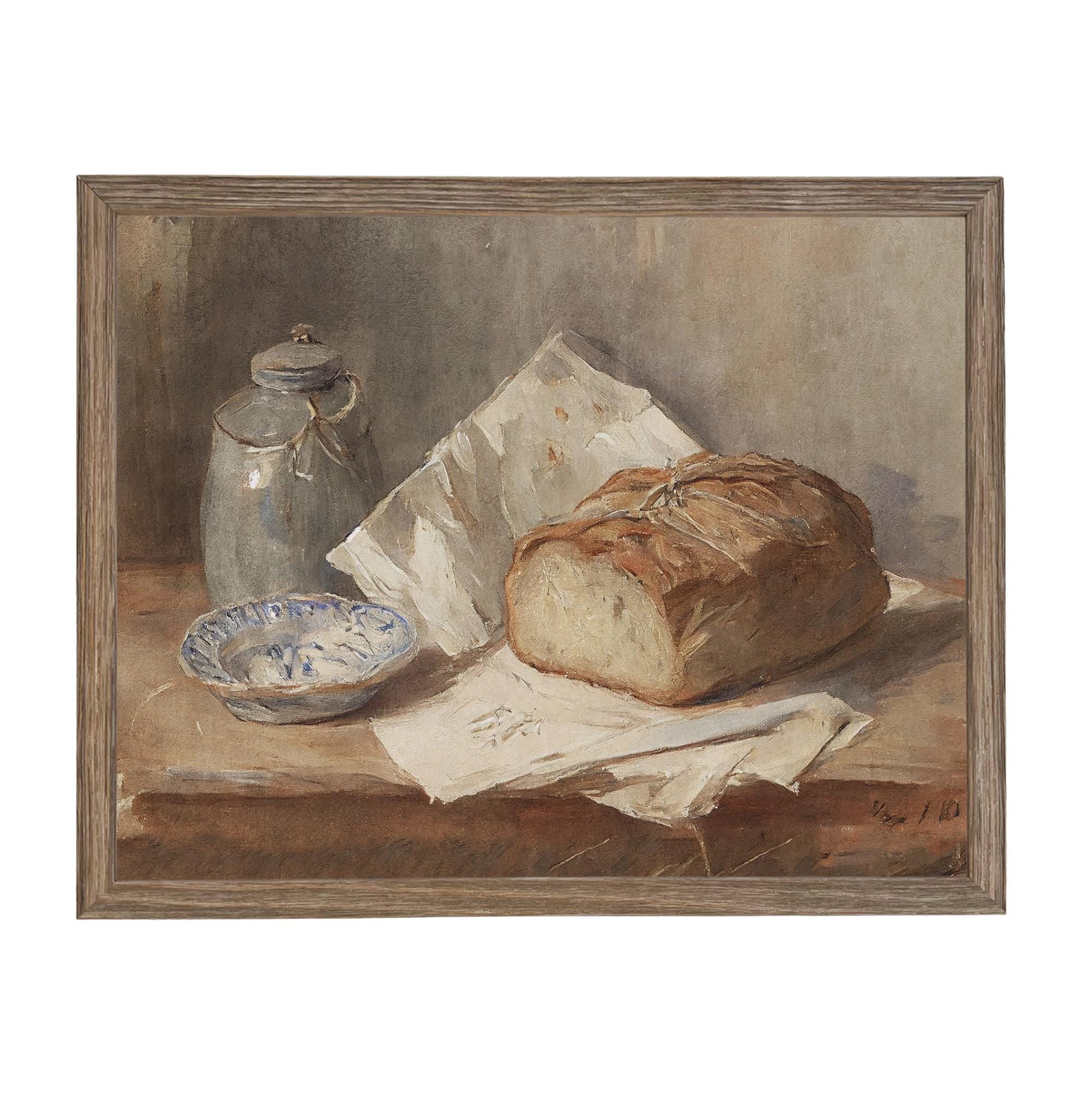 Framed Vintage Pottery and Bread Still Life Painting, Farmhouse Kitchen Canvas Print #ST-648