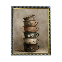 Framed Vintage Kitchen Teacups Pottery Still Life Canvas Print #ST-649